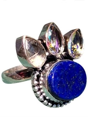 Lapis Lazuli Crystal Quartz Gemstones Handmade 925 Sterling Silver Ring - Size 7